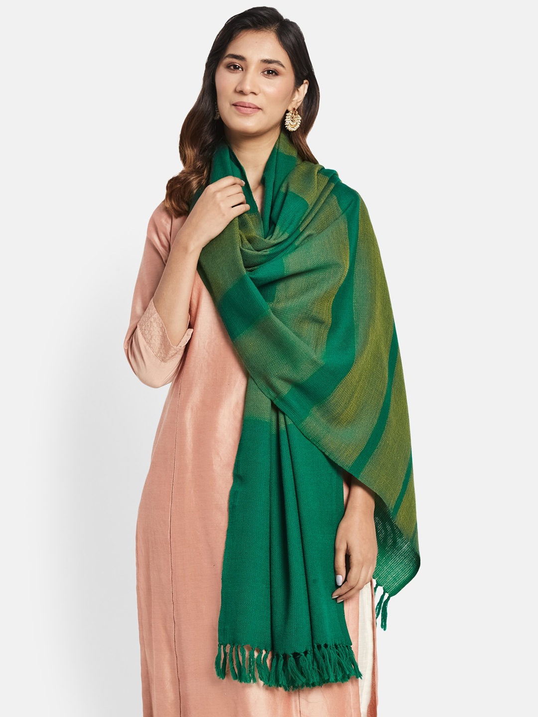 

Fabindia Women Woven Design Pure Cotton Shawl With Tassels, Green
