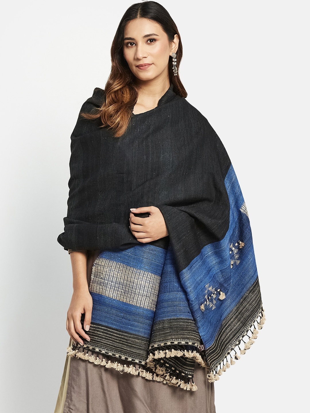 

Fabindia Women Woven Design Shawl With Tassels, Black