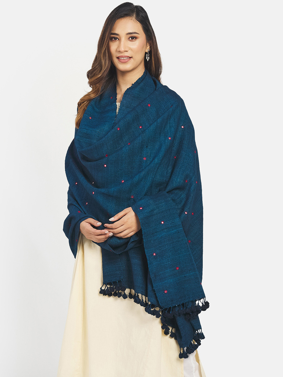 

Fabindia Women Embroidered Shawl With Tassels, Navy blue