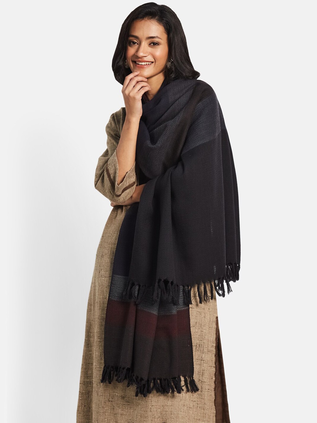 

Fabindia Women Woven Design Woolen Shawl With Tassels, Black