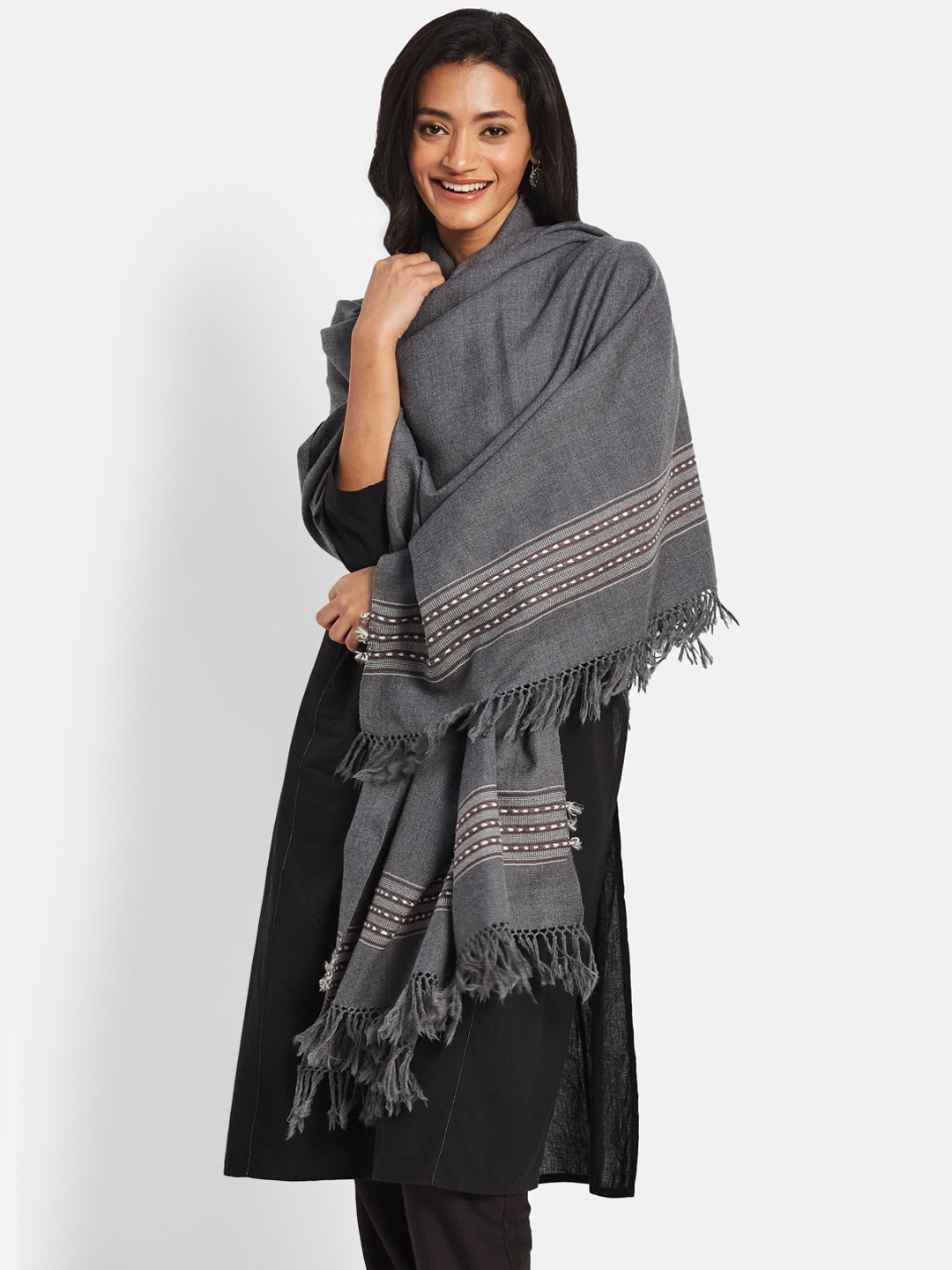 

Fabindia Women Woven Design Woolen Shawl With Fringed, Grey