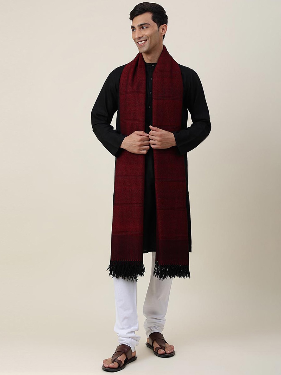 

Fabindia Men Woven Design Woolen Shawl, Maroon