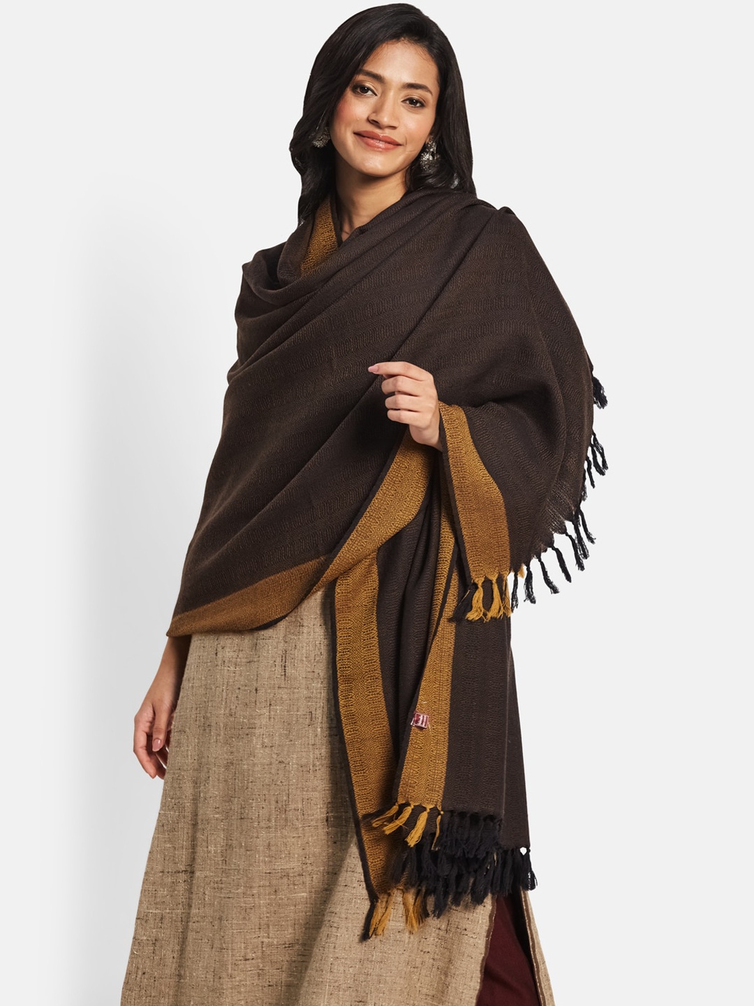 

Fabindia Women Woven Design Pure Wool Shawl, Brown