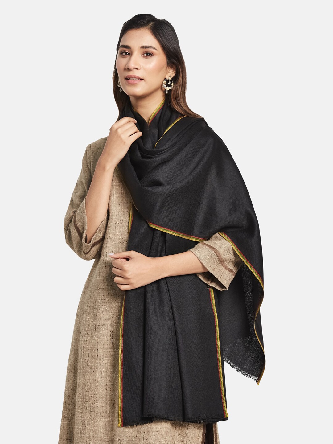 

Fabindia Women Woven Design Wool Shawl, Black