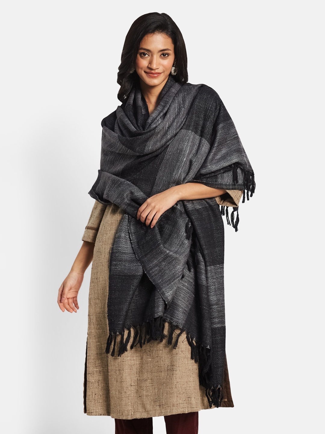 

Fabindia Women Hand Woven Striped Shawl, Black