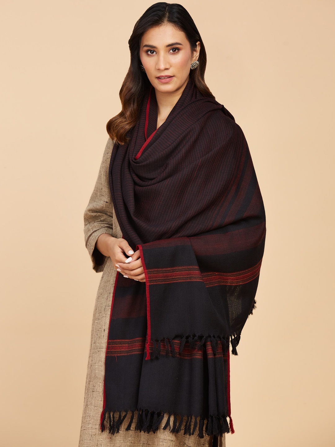 

Fabindia Women Striped Woollen Shawl, Black