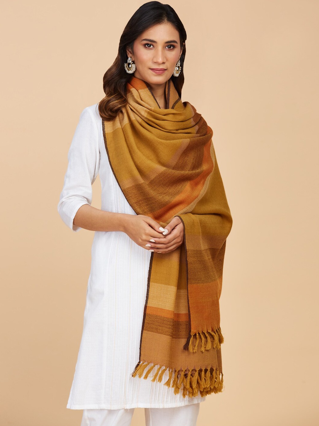 

Fabindia Women Woven Design Pure Wool Shawl, Brown