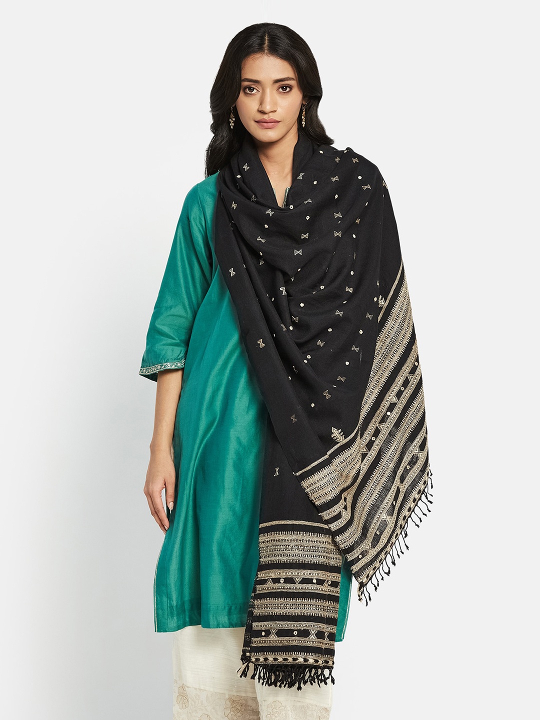 

Fabindia Women Woven-Design Woollen Shawl, Black