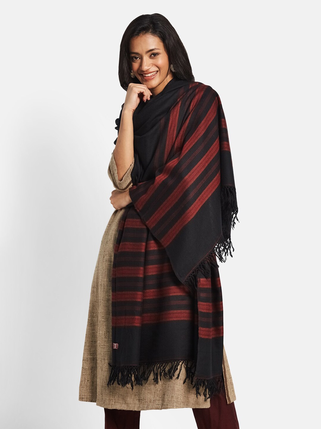 

Fabindia Women Woven Designed Striped Pure Wool Shawl, Black