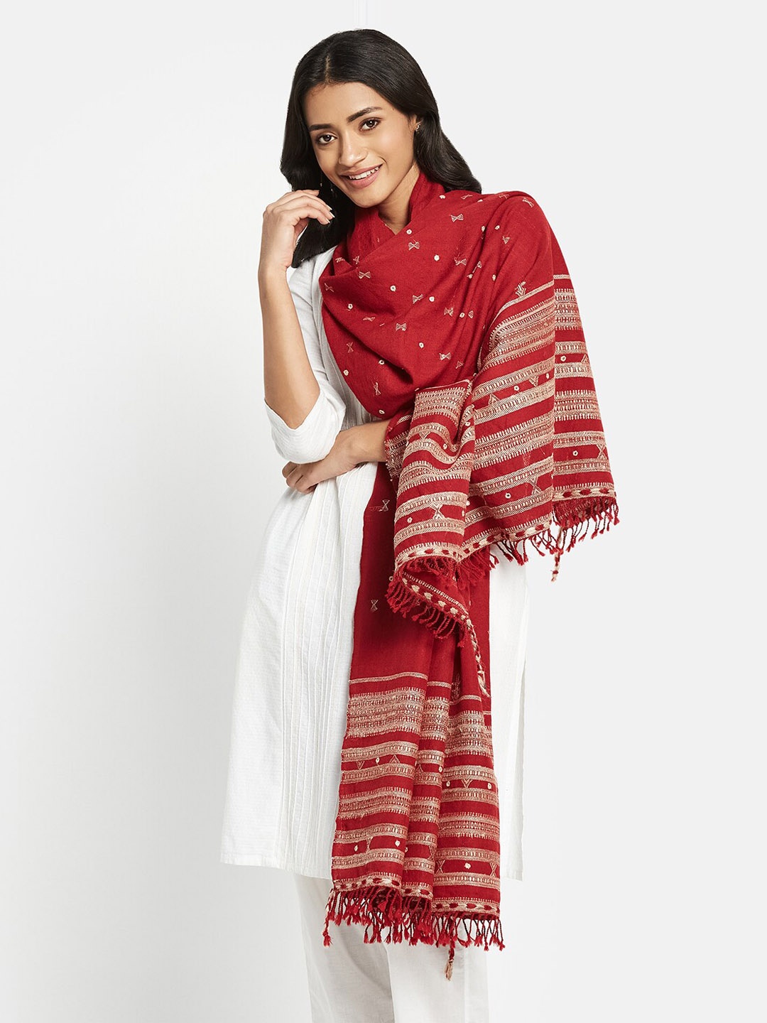 

Fabindia Women Embroidered Pure Wool Shawl, Red