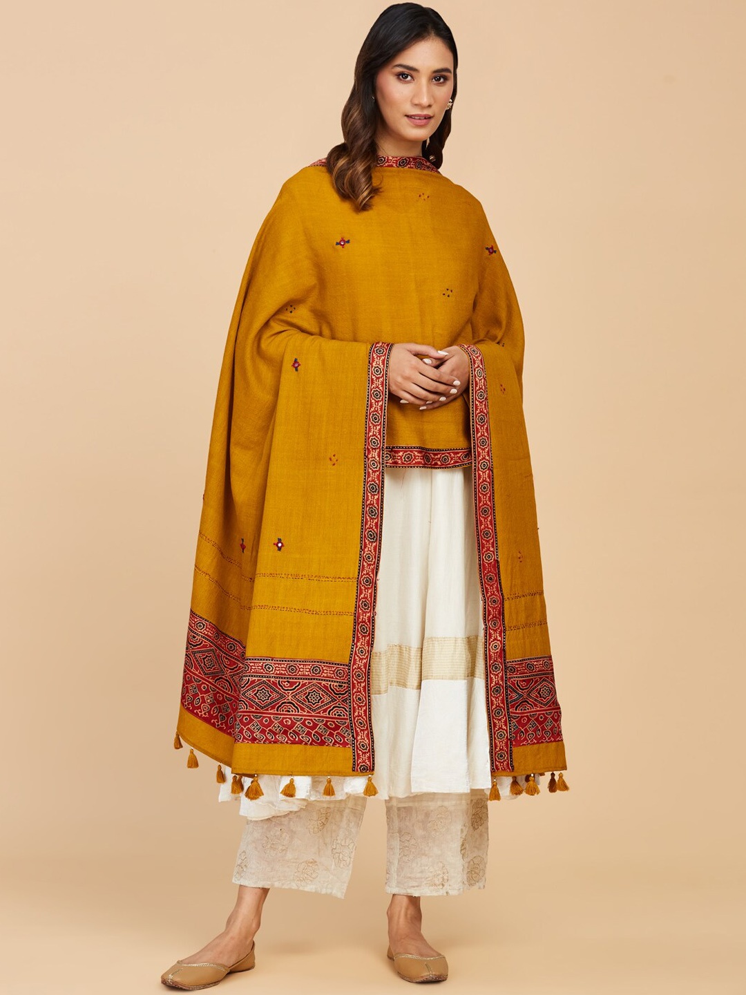 

Fabindia Women Mustard & Red Embroidered Shawl