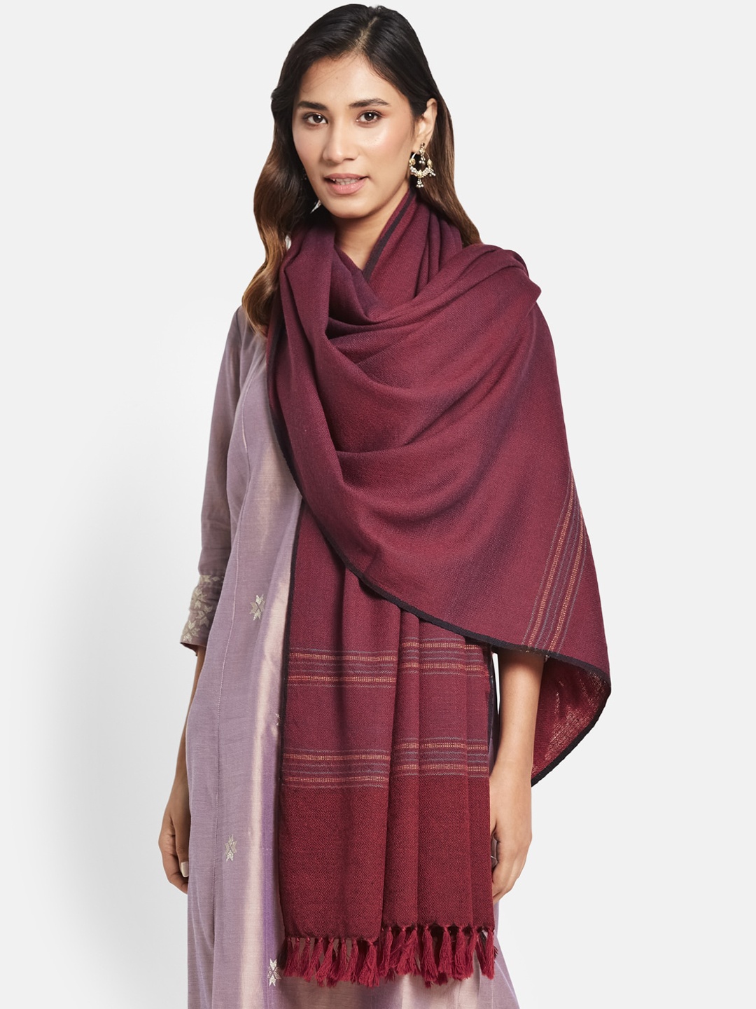 

Fabindia Women Striped Woollen Shawl, Maroon