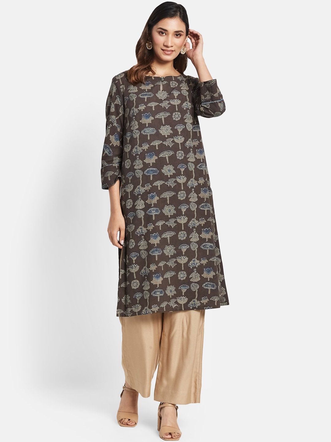 

Fabindia Ethnic Motifs Printed Boat Neck Cotton Straight Kurta, Brown