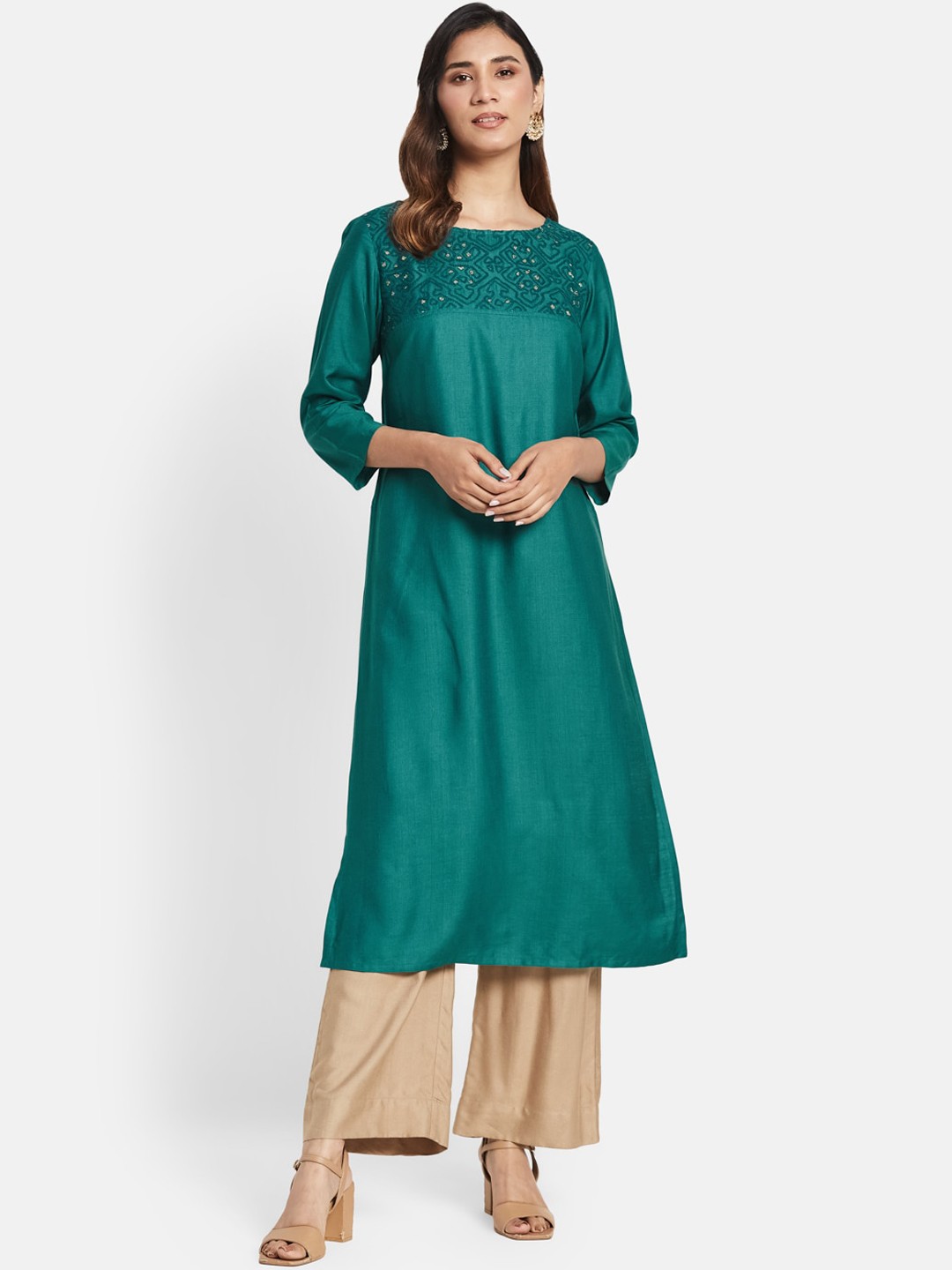 

Fabindia Ethnic Motifs Embroidered A-Line Kurta, Green