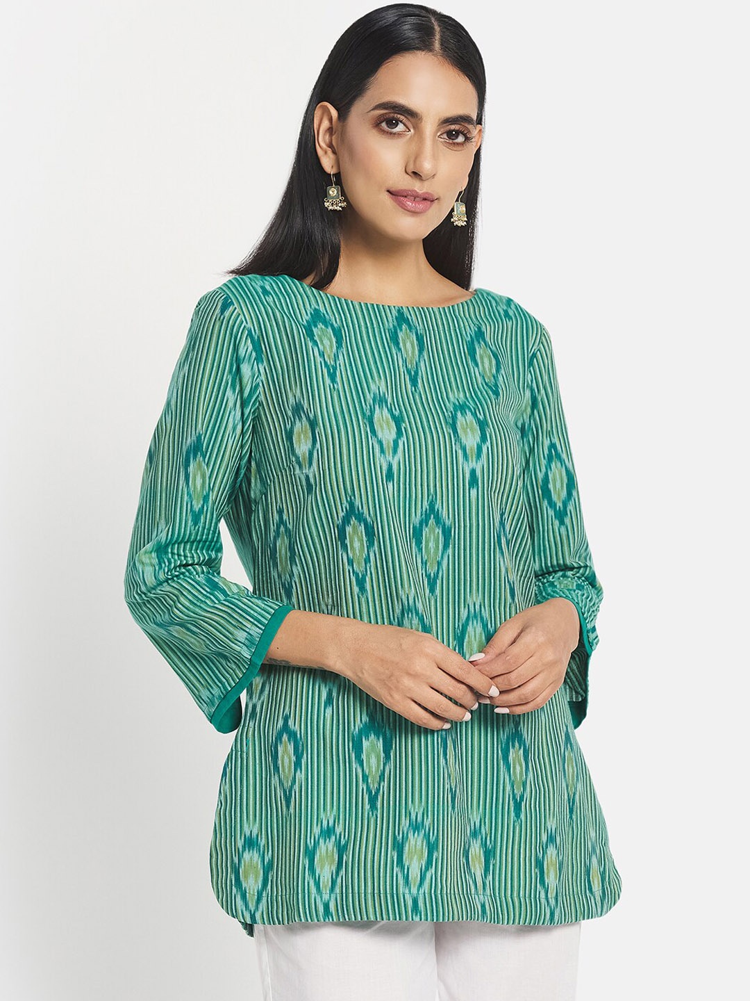 

Fabindia Striped Flared Sleeves Pure Cotton Kurta, Green