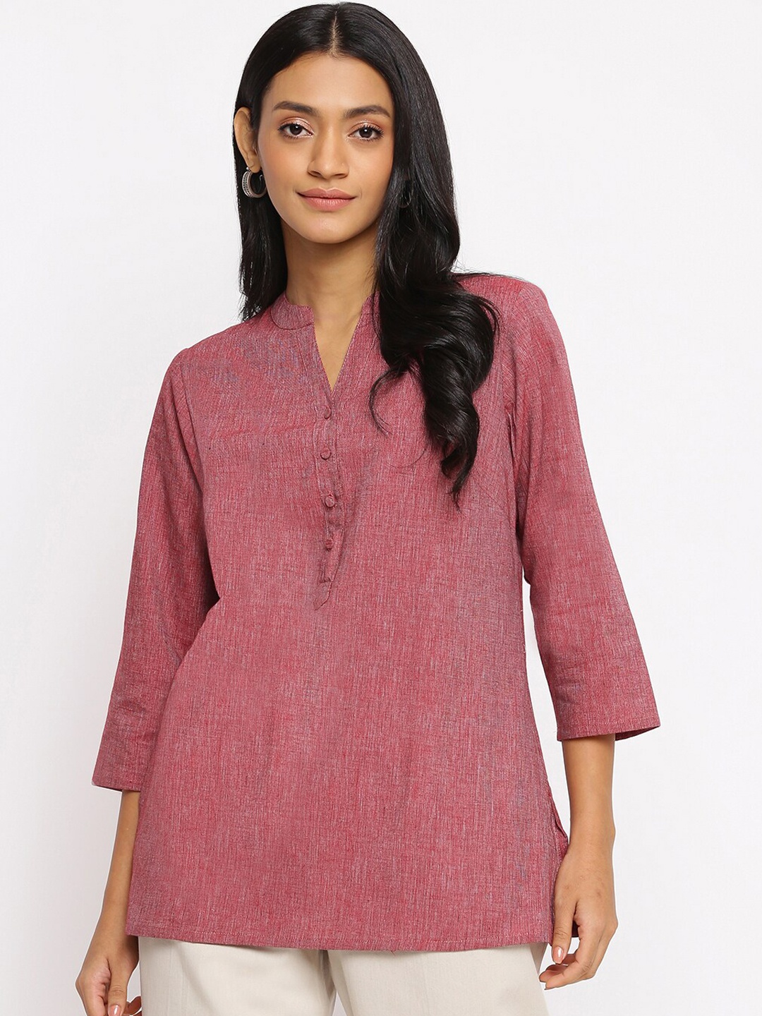 

Fabindia Band Collar Slim Fit Pure Cotton Short Kurta, Pink