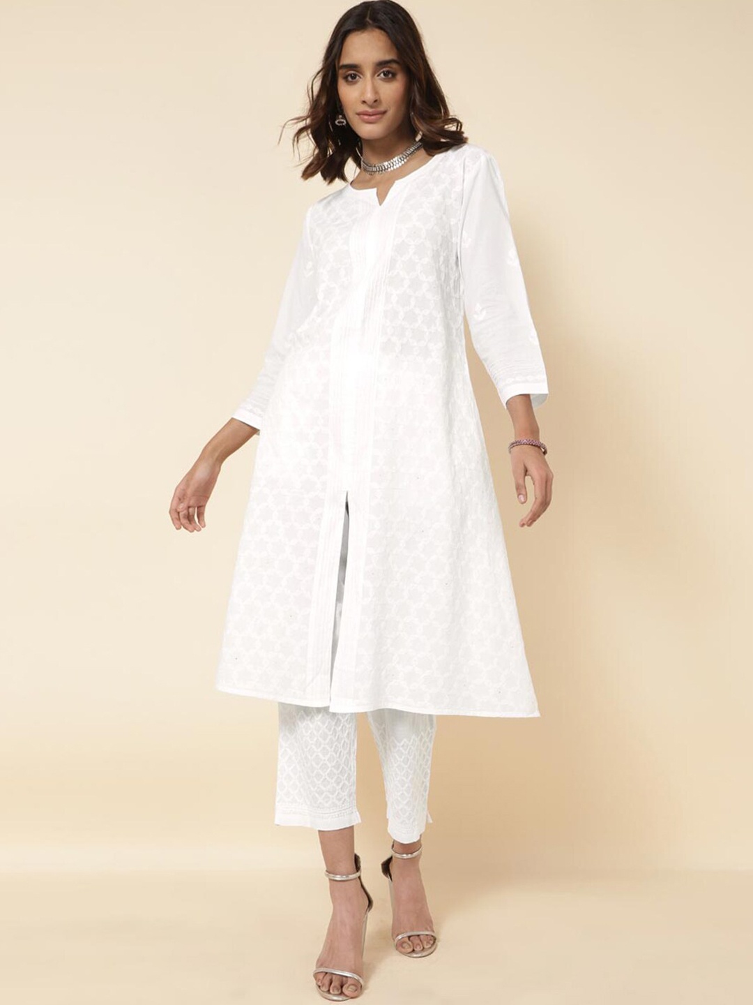 

Fabindia Geometric Embroidered Front Slit Notch Neck Cotton A-Line Kurta, White
