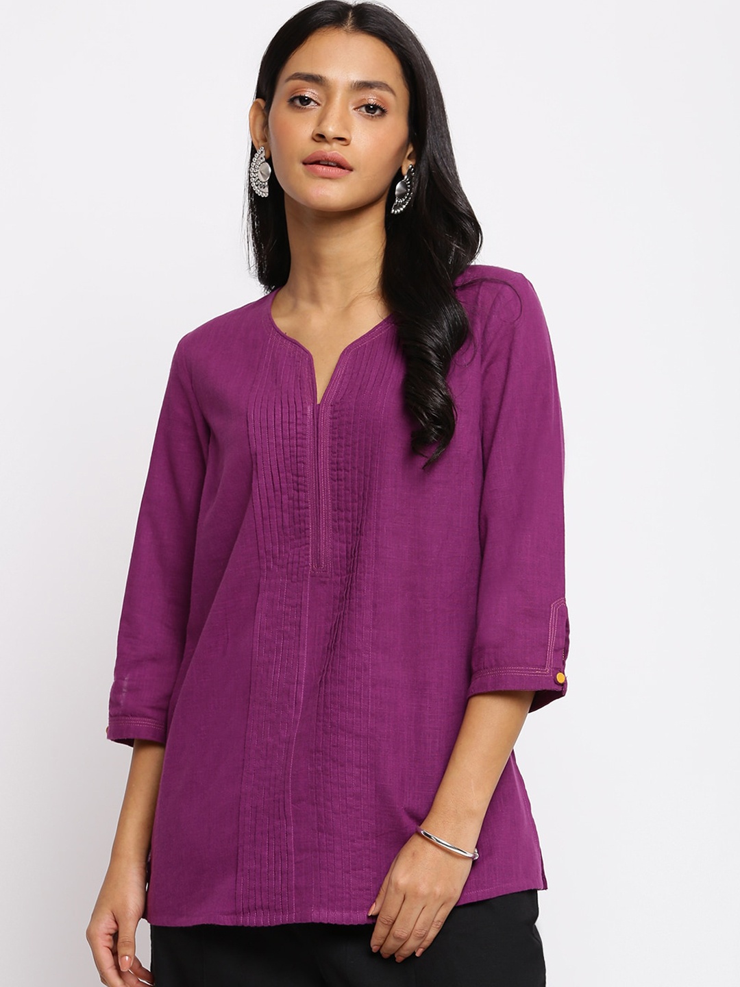 

Fabindia V-Neck Slim Fit Pure Cotton Short Kurta, Purple