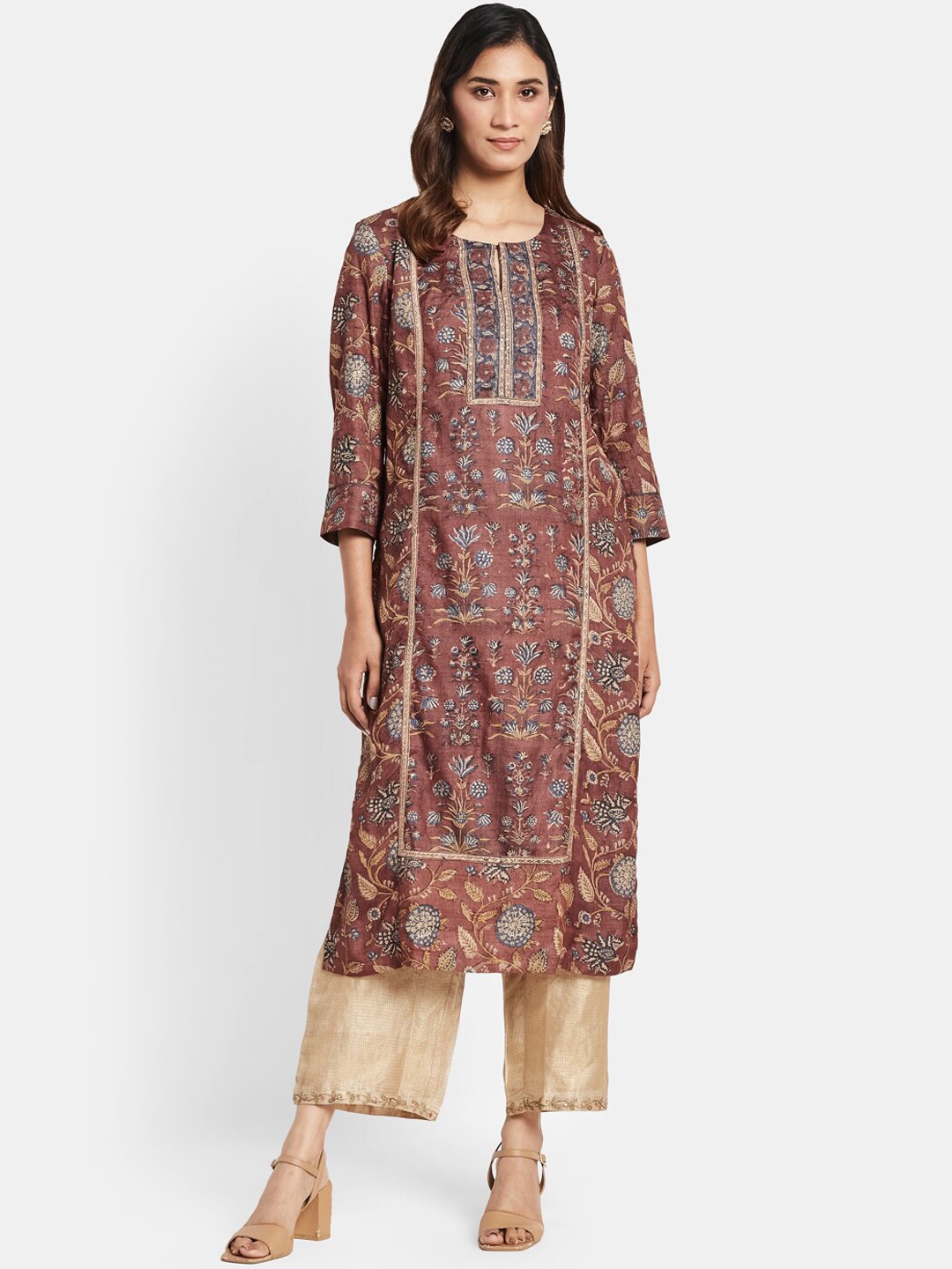 

Fabindia Ethnic Motifs Printed Keyhole Neck Pure Silk Kurta, Red