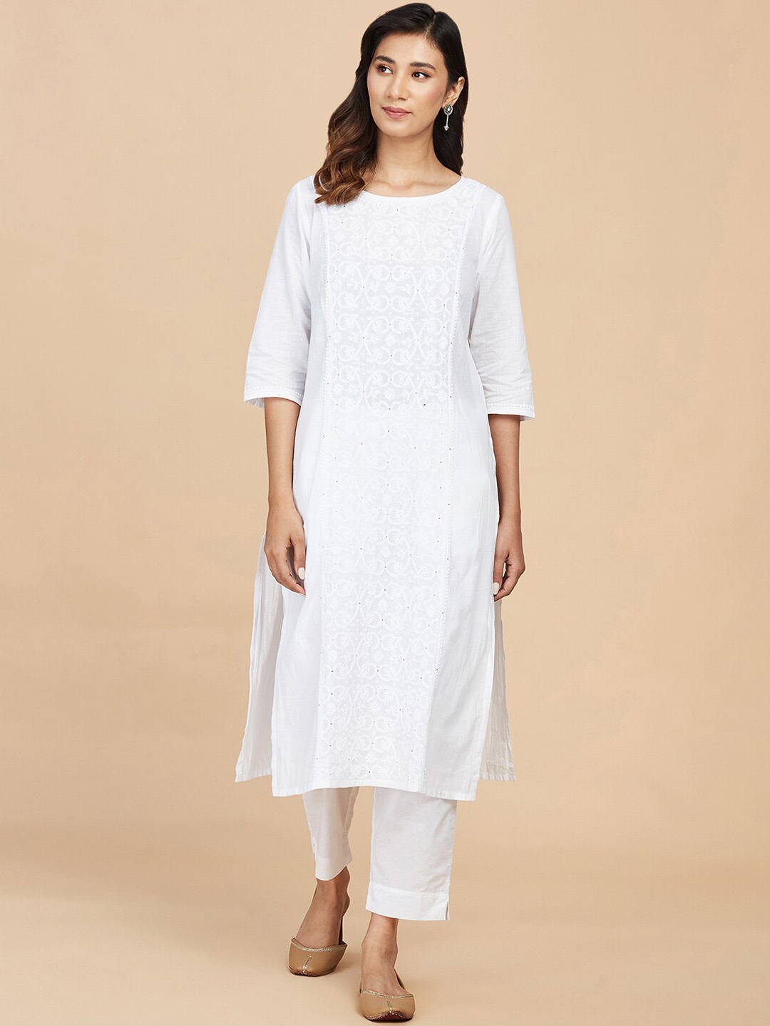 

Fabindia Ethnic Motifs Embroidered Chikankari Cotton Kurta, White