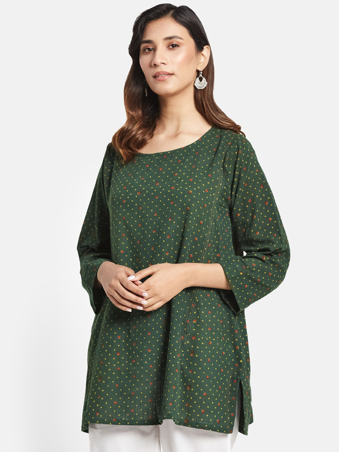 

Fabindia Women Green Bandhani Yoke Design Flared Sleeves Mirror Work Anarkali Kurta