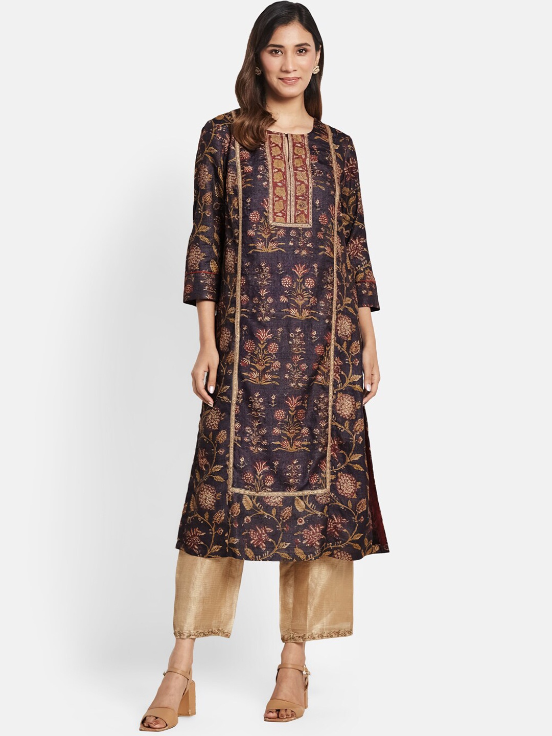 

Fabindia Floral Printed Keyhole Neck Silk Kurta, Black