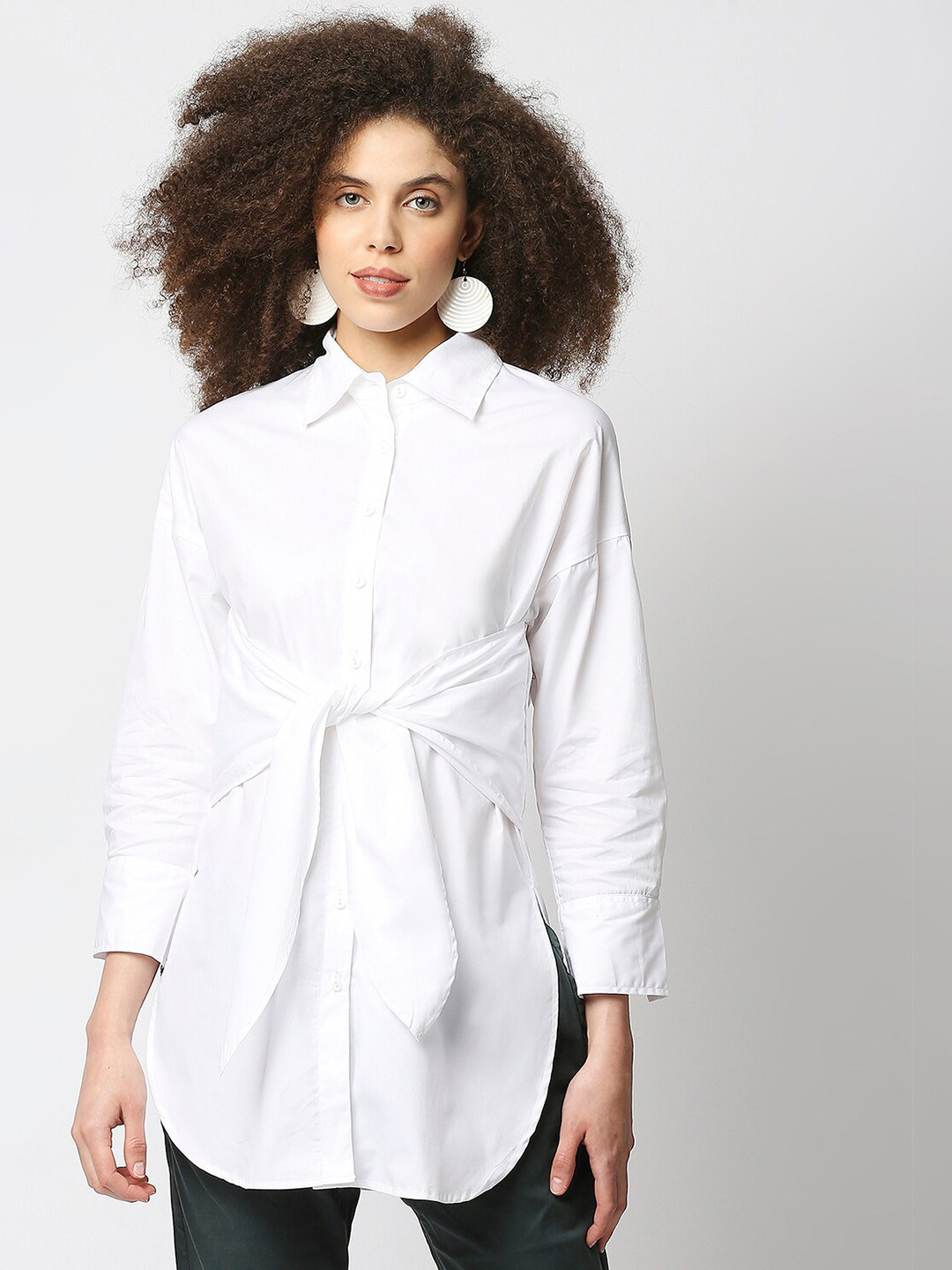 

Remanika Comfort Drop Shoulder Sleeves Waist Tie-Ups Pure Cotton Casual Shirt, White