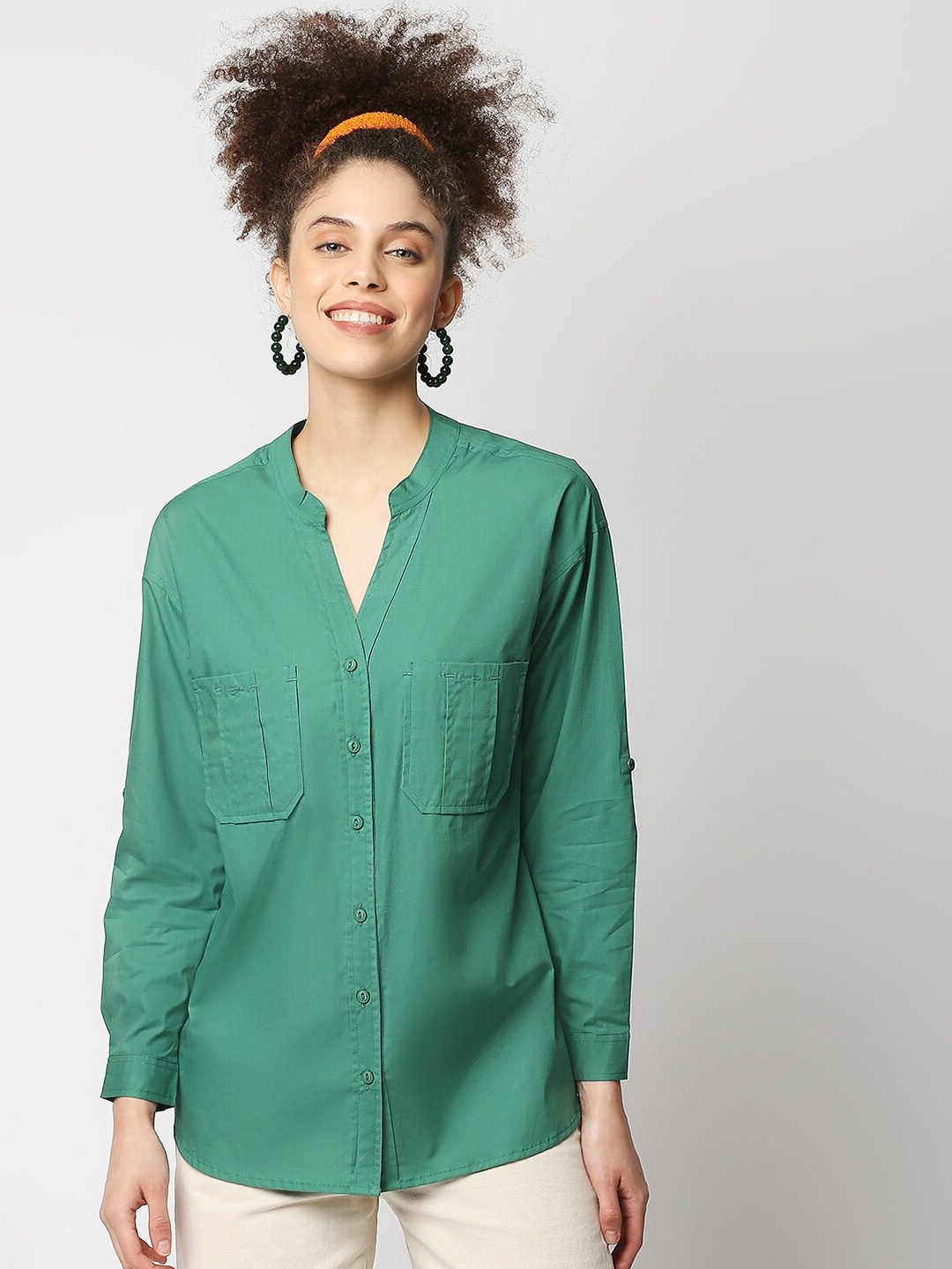 

Remanika Comfort Roll-Up Sleeves Pure Cotton Casual Shirt, Green