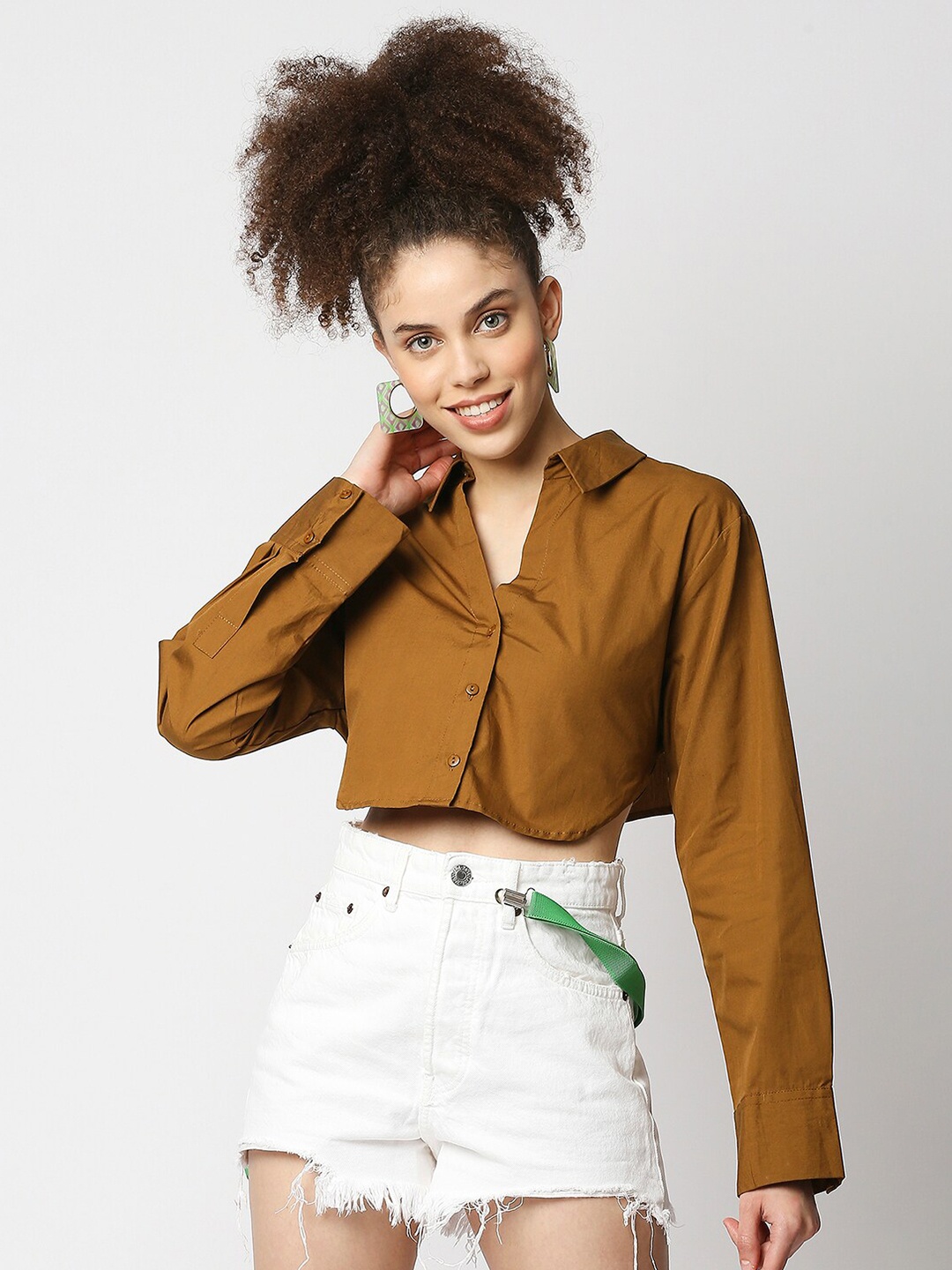 

Remanika Comfort Pure Cotton Casual Crop Shirt, Tan