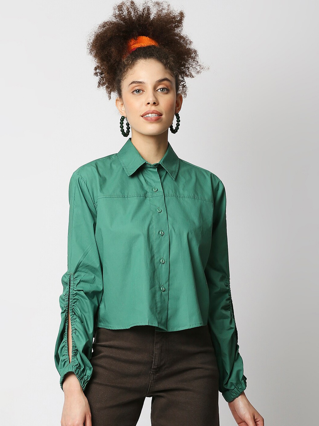 

Remanika Comfort Slit Sleeves Pure Cotton Casual Shirt, Green