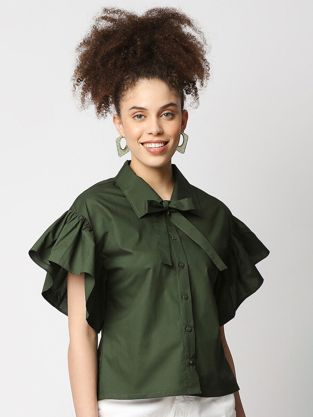 

Remanika Tie & Bow On Collar Flared Sleeves Pure Cotton Casual Shirt Style Top, Green