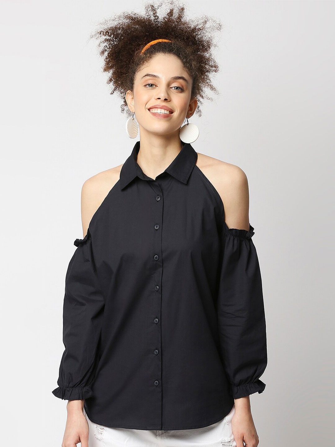 

Remanika Shirt Collar Cotton Shirt Style Top, Black