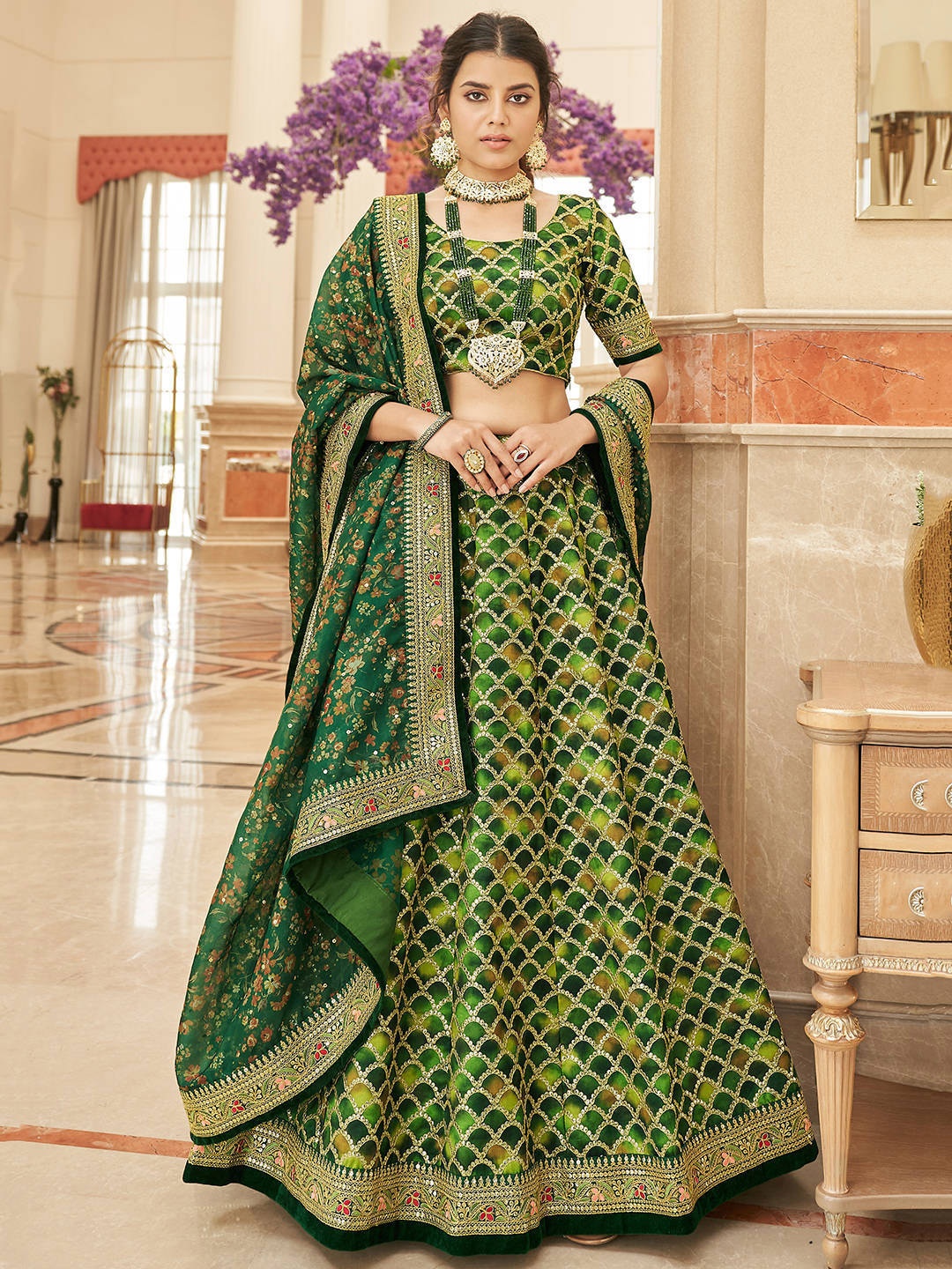 

FABPIXEL Embroidered Semi-Stitched Lehenga & Unstitched Blouse With Dupatta, Green