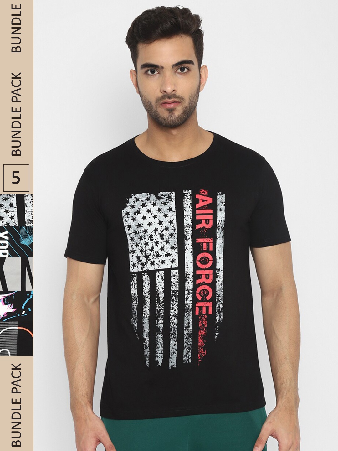 

appulse Pack Of 5 Typography Printed Cotton T-shirt, Black