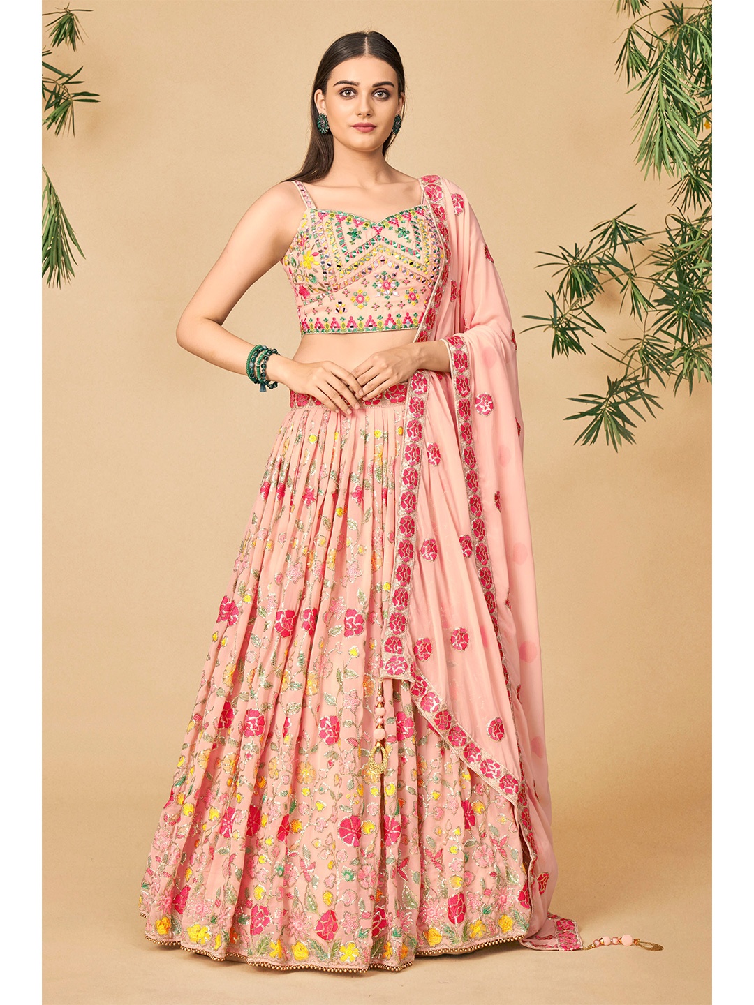 

DRESSTIVE Embroidered Thread Work Ready to Wear Lehenga & Blouse With Dupatta, Peach