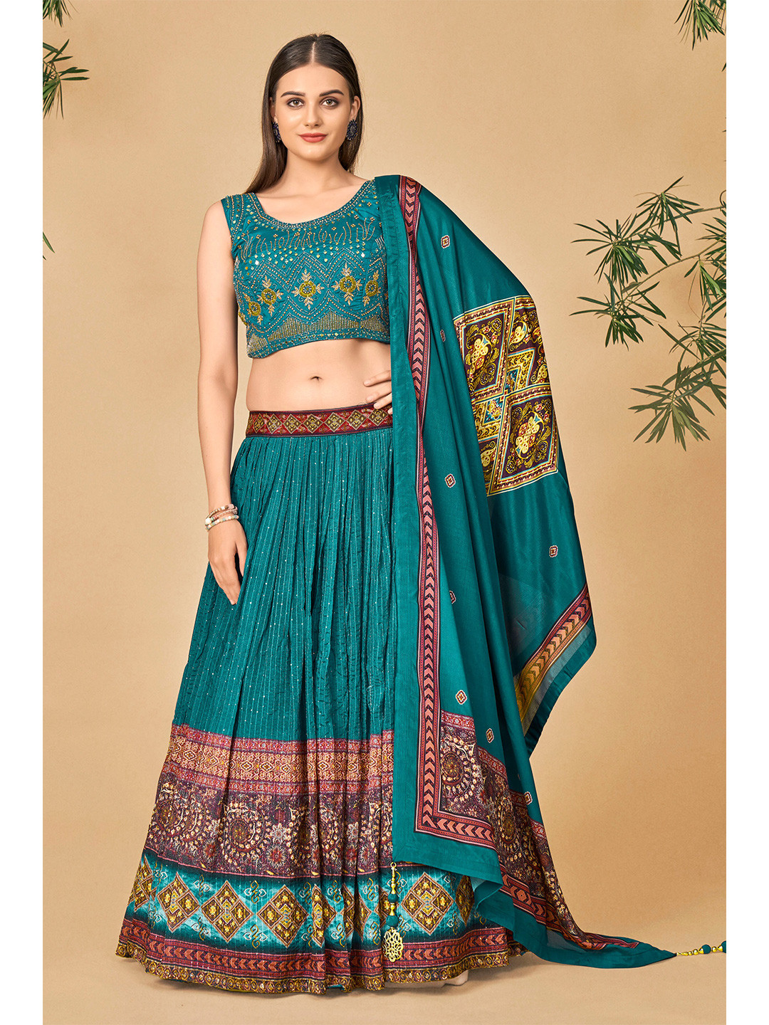 

DRESSTIVE Blue & Red Embroidered Mirror Work Ready to Wear Lehenga & Blouse With Dupatta