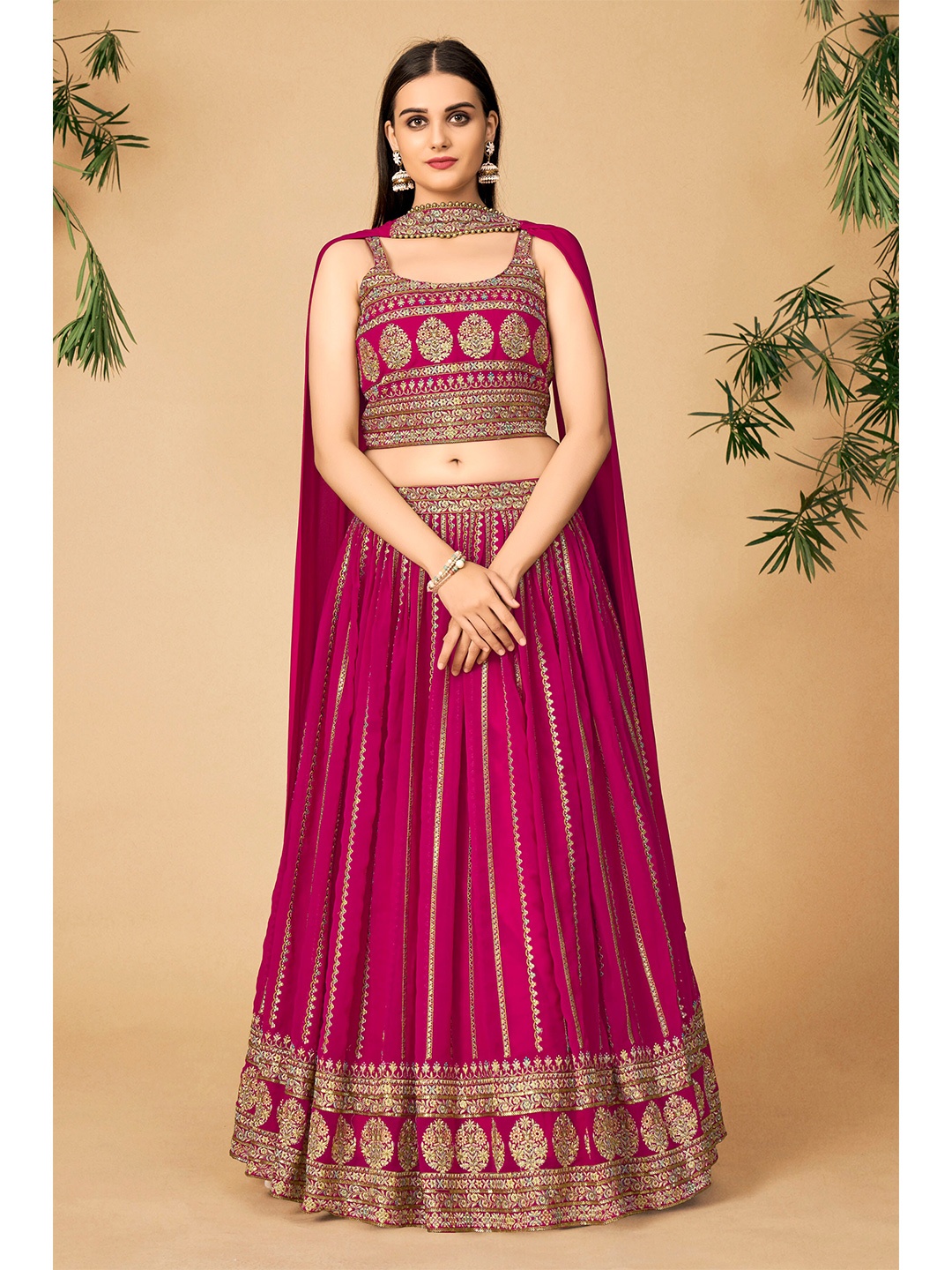 

DRESSTIVE Embroidered Thread Work Ready to Wear Lehenga & Blouse With Dupatta, Pink