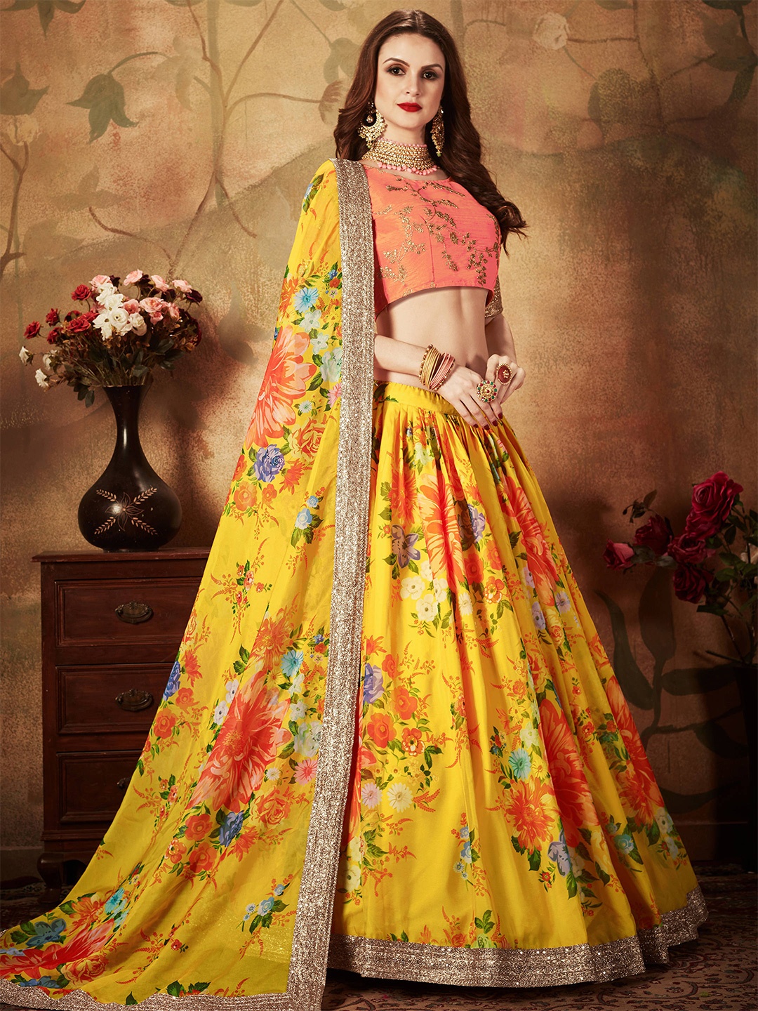 

FABPIXEL Embroidered Semi-Stitched Lehenga & Unstitched Blouse With Dupatta, Yellow