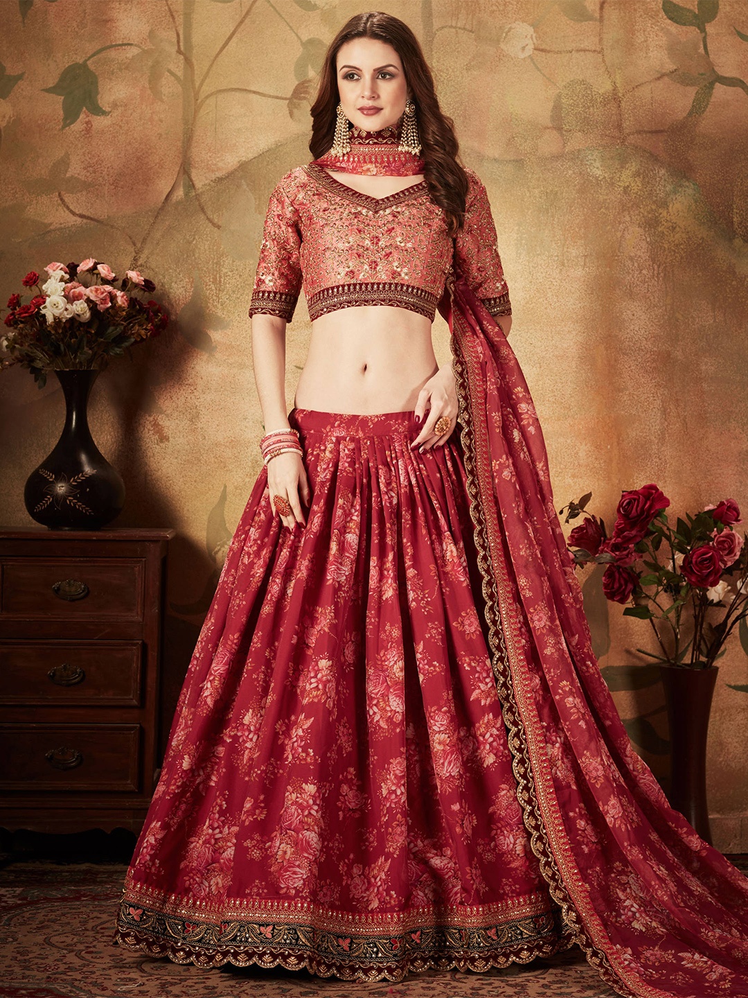 

FABPIXEL Embroidered Semi-Stitched Lehenga & Unstitched Blouse With Dupatta, Maroon