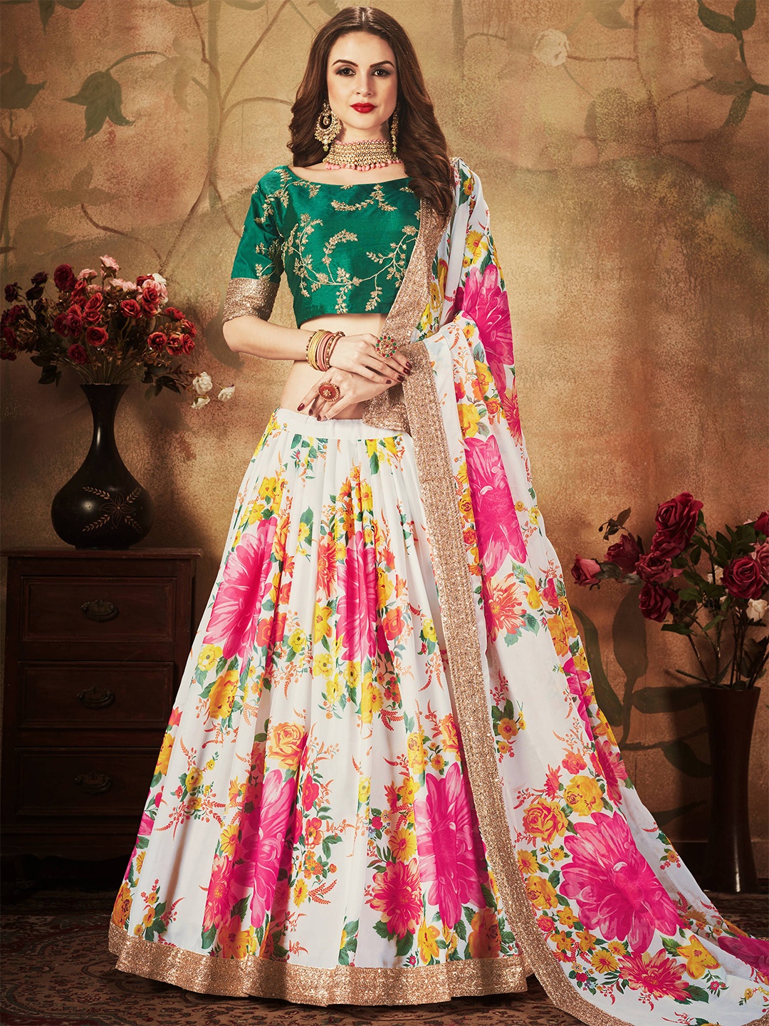 

FABPIXEL Embroidered Sequinned Semi-Stitched Lehenga & Unstitched Blouse With Dupatta, Off white