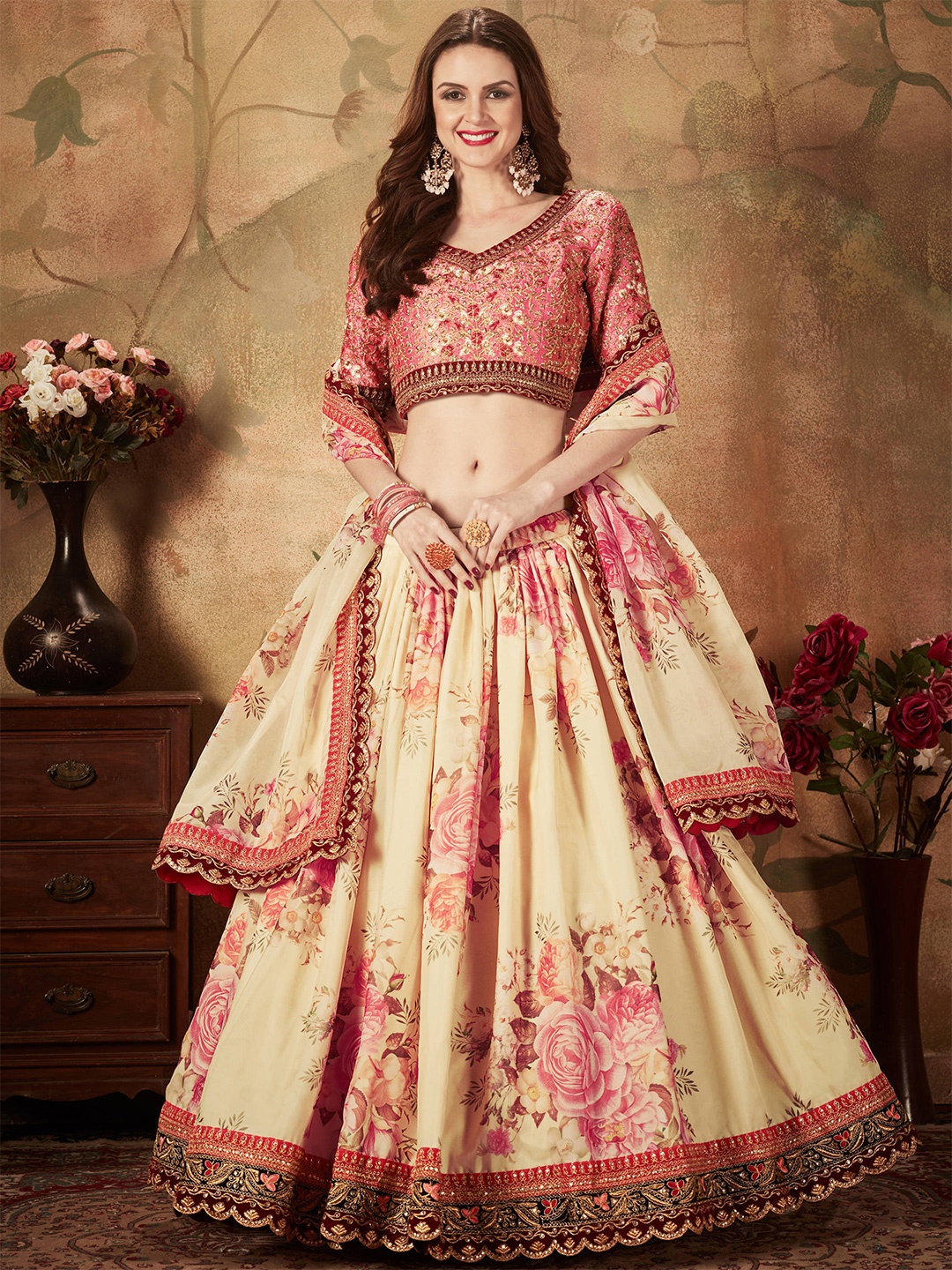 

FABPIXEL Embroidered Thread Work Semi-Stitched Lehenga & Unstitched Blouse With Dupatta, Beige