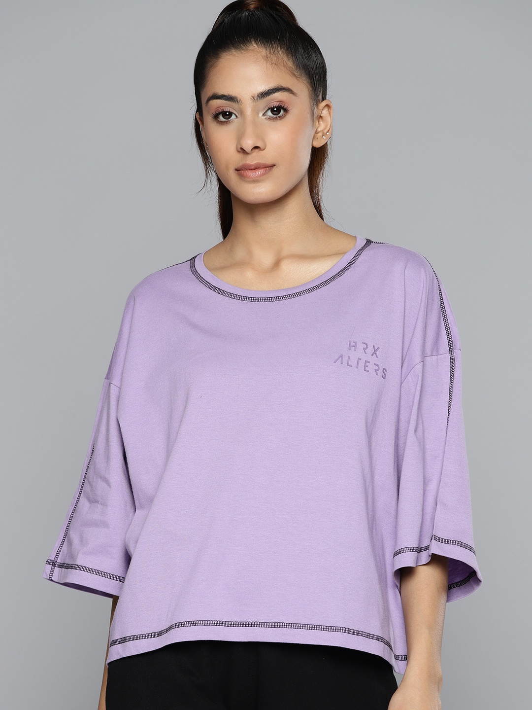 

HRX by Hrithik Roshan Drop-Shoulder Sleeves Pure Cotton Boxy T-shirt, Violet