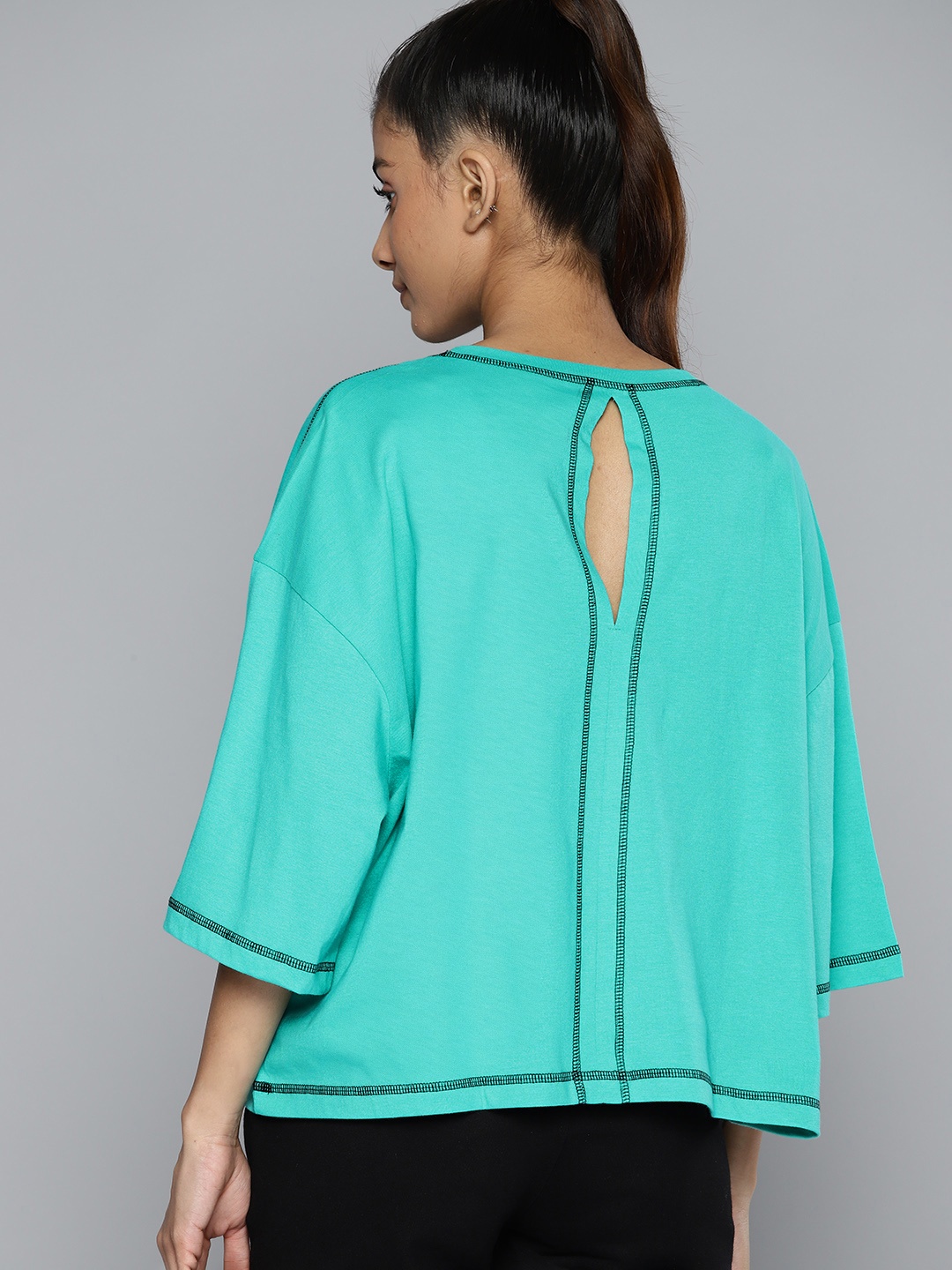 

HRX by Hrithik Roshan Drop-Shoulder Sleeves Pure Cotton Boxy T-shirt, Turquoise blue
