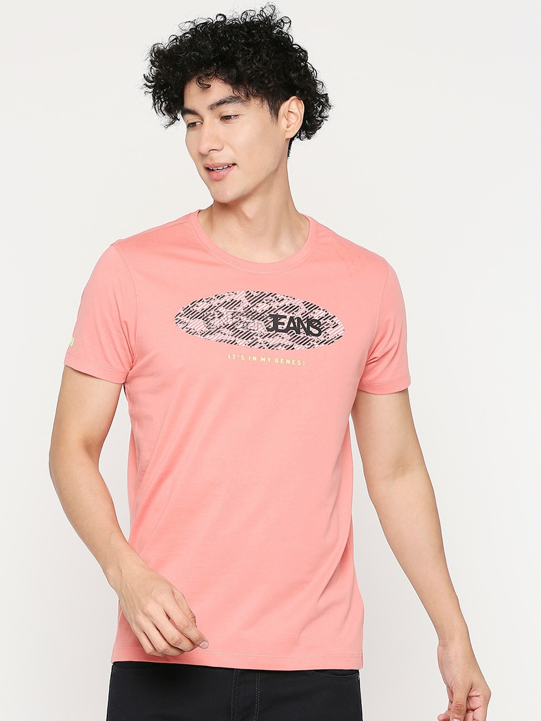 

UnderJeans by Spykar Typography Printed Cotton T-shirt, Coral