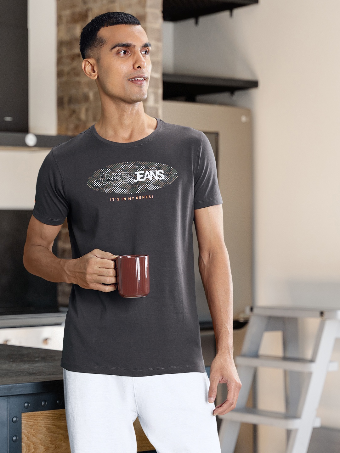 

UnderJeans by Spykar Printed Cotton Lounge T-shirt, Grey