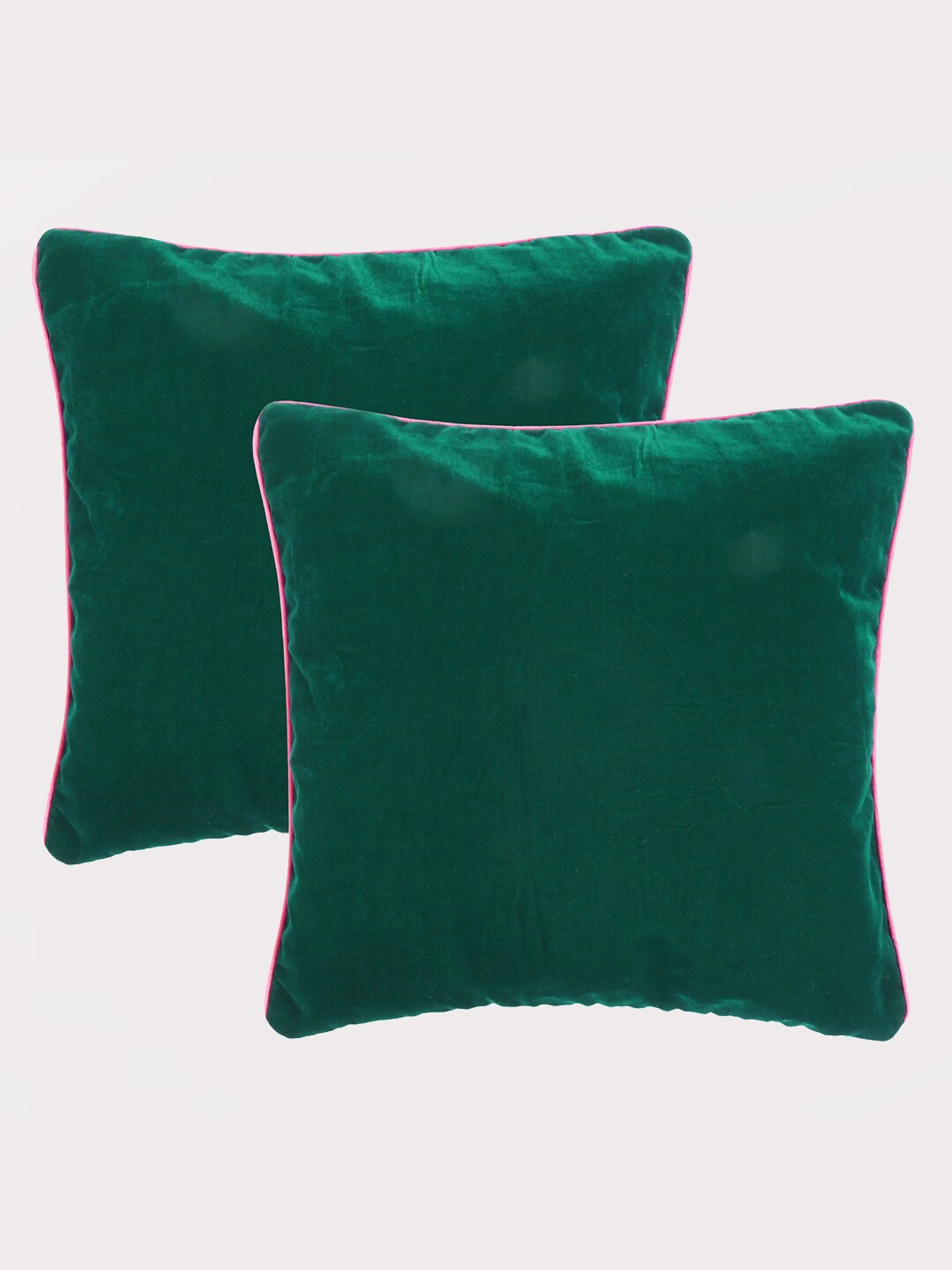 

OUSSUM Green & Pink 2 Pcs Velvet Square Cushion Covers with Piping Edge