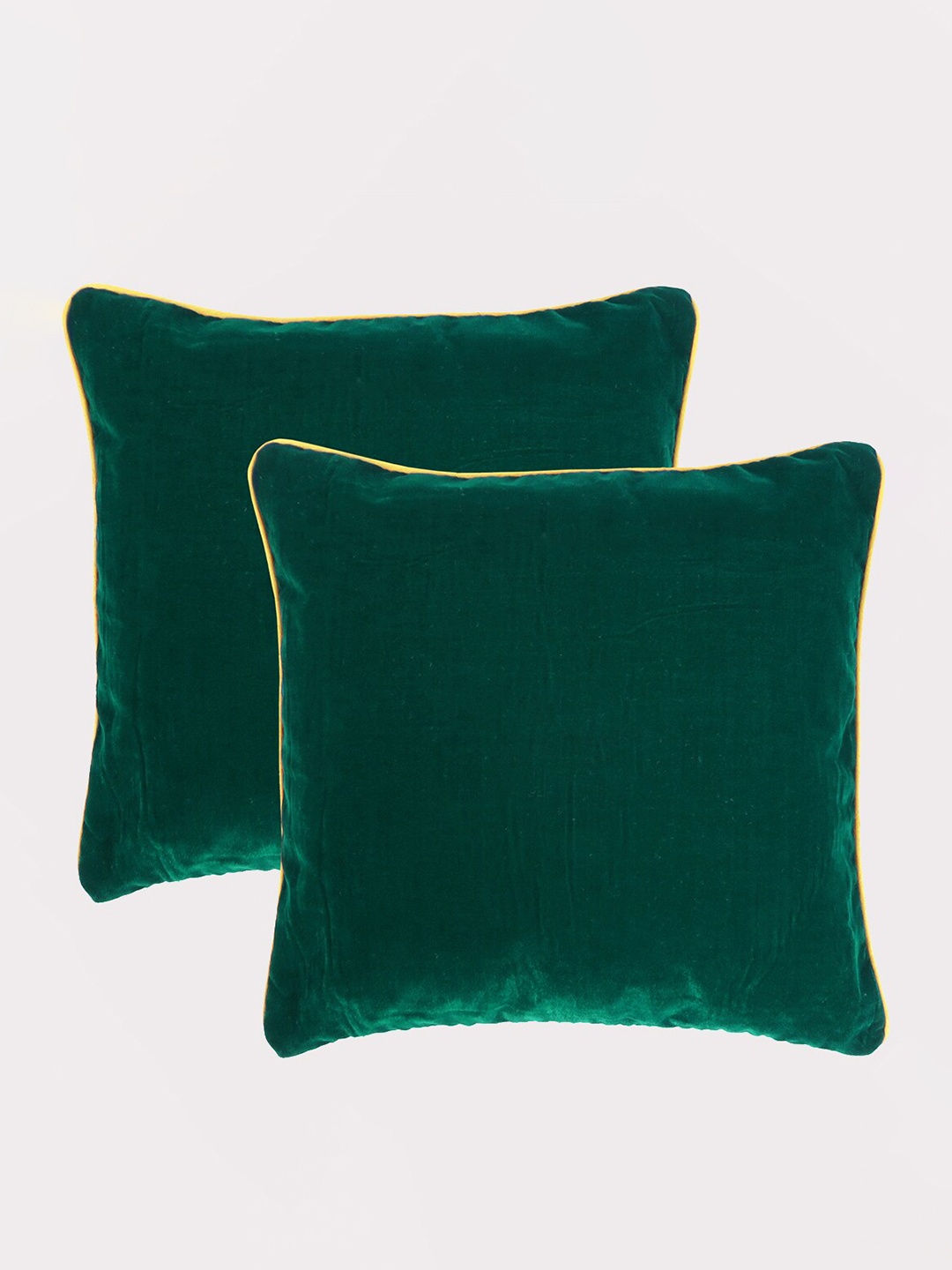 

OUSSUM Green & Yellow 2 Pieces Piping Edge Velvet Square Cushion Covers