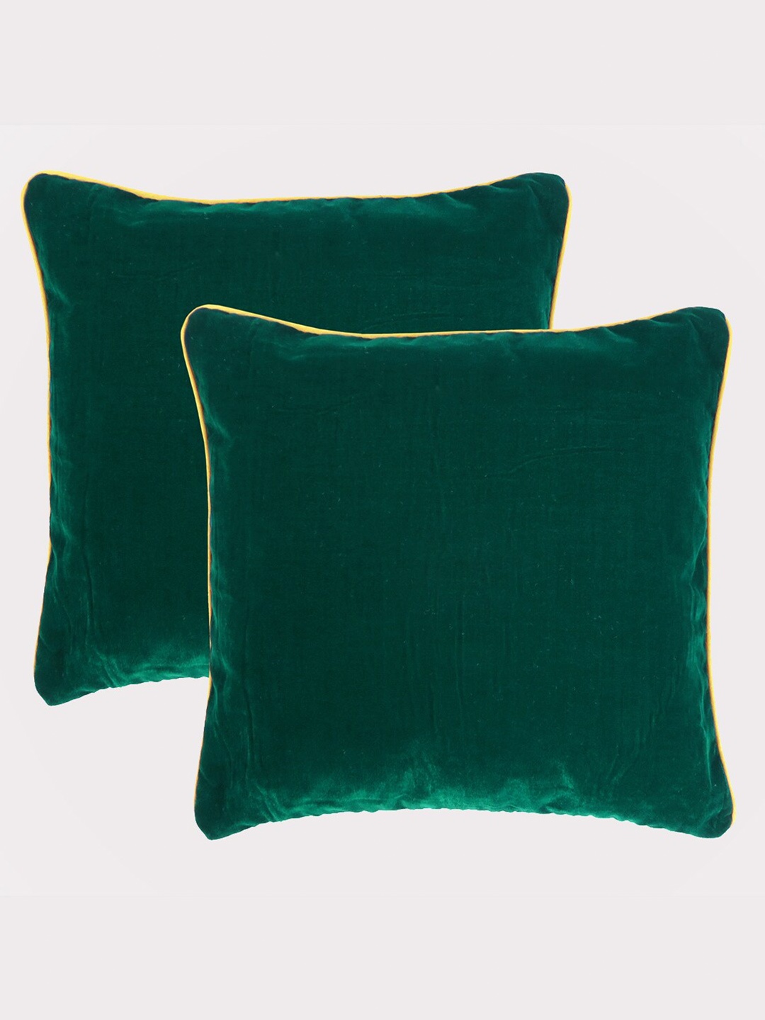 

OUSSUM Green & Yellow 2 Pcs Velvet Piping Edge Square Cushion Covers