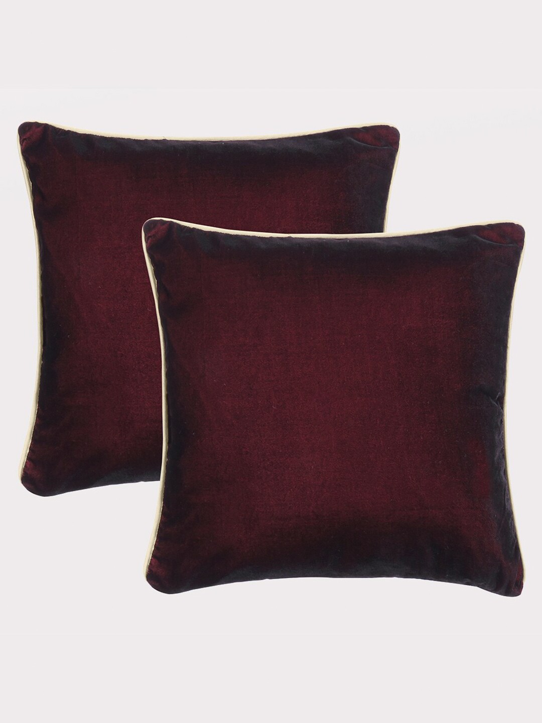 

OUSSUM Burgundy & White 2 Pcs Velvet Square Cushion Covers with Piping Edge