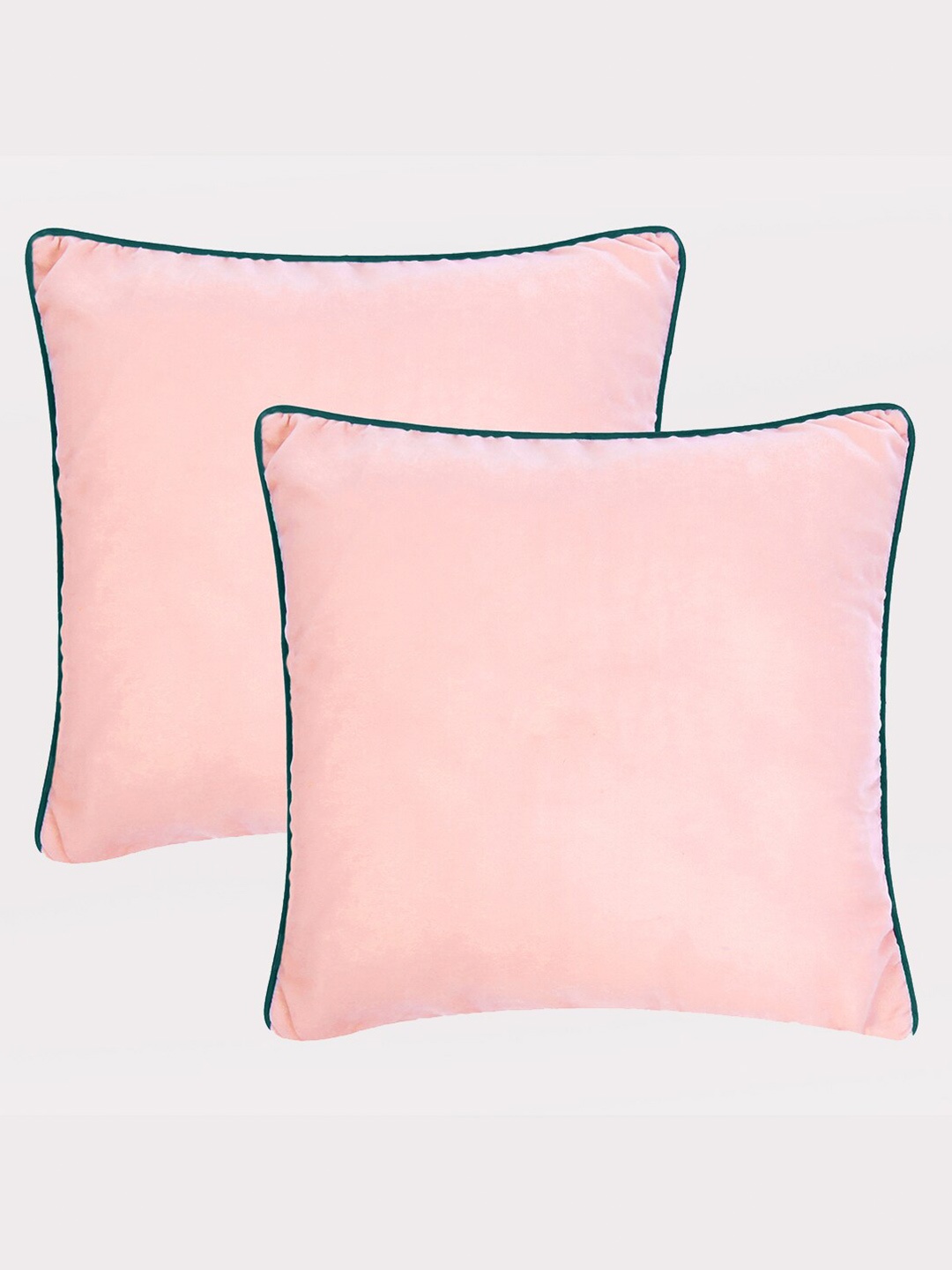 

OUSSUM Peach-Coloured & Green 2 Pcs Velvet Square Cushion Covers with Piping Edge